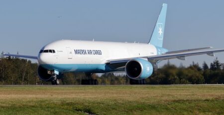 maersk boeing 777 plane on runway